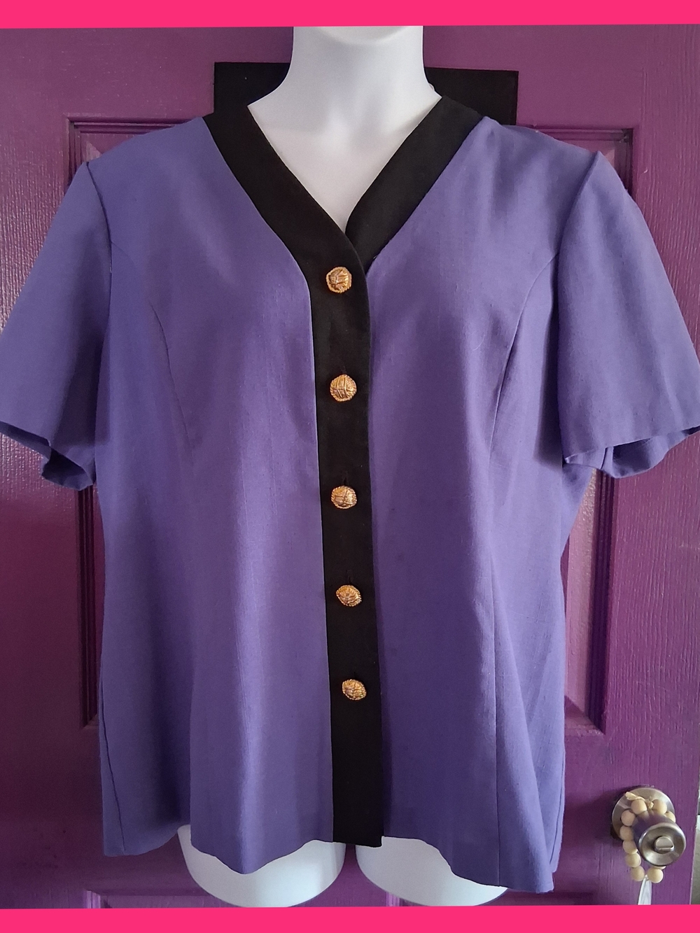 Women's Purple Blouse with Black Trim and Gold Buttons
